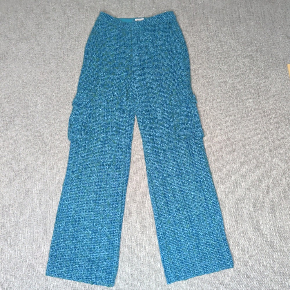 Oh Polly Blue Tweed Cargo Pants Wide Leg Wool Blend High Waisted US 6 Teal